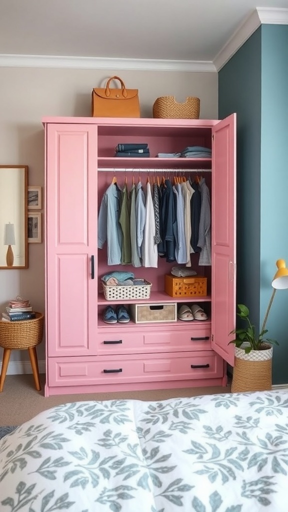 A vibrant pink wardrobe filled with clothes and accessories in a cozy bedroom setting.