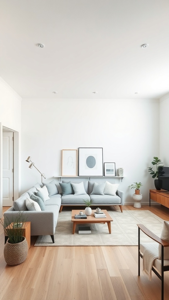 A minimalist living room featuring a light color palette, a large sectional sofa, a low coffee table, and decorative plants.
