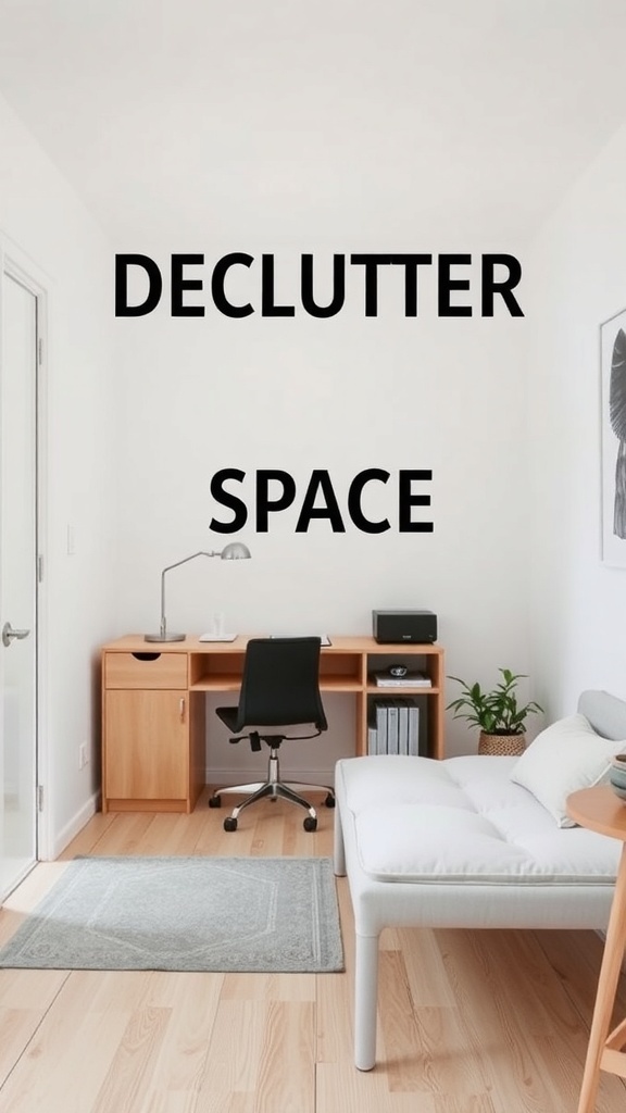 A small, decluttered room with a desk, chair, and plant, promoting a breathable atmosphere.