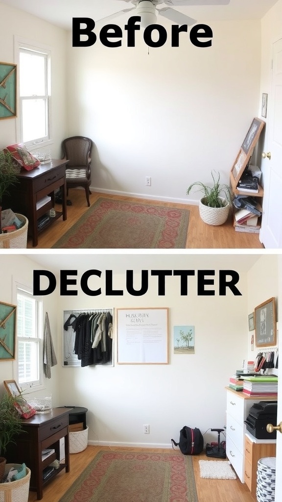 Before and after decluttering a small room