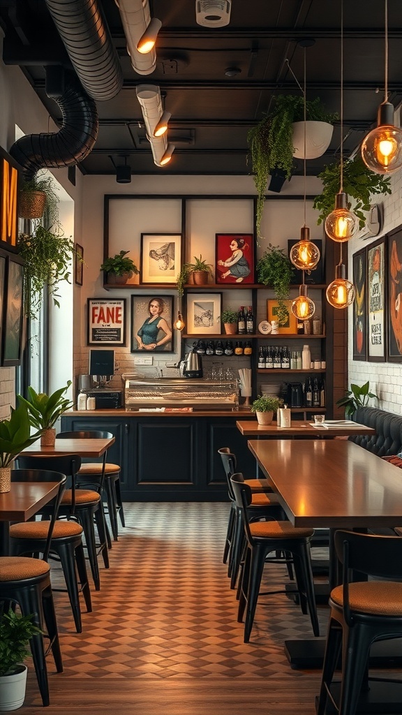 Un café moderno con decoración artística, plantas y una atmósfera acogedora.