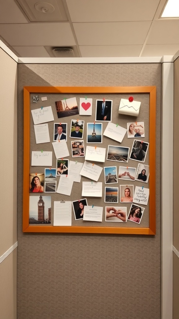 A bulletin board filled with photos and notes in a cubicle.