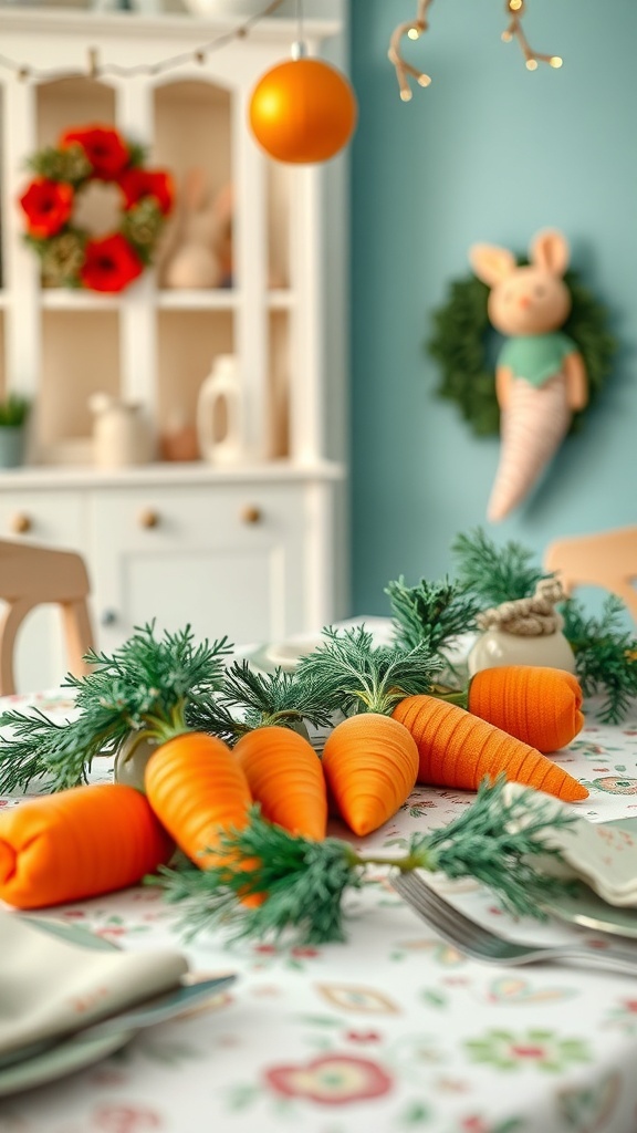 A beautifully set Easter table featuring decorative carrots and greenery.