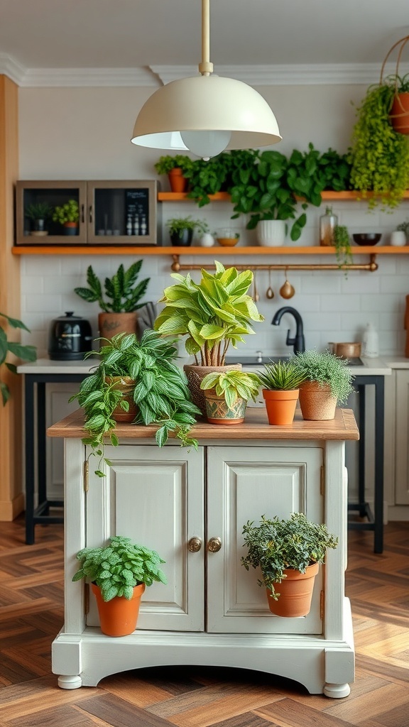 A small kitchen island decorated with various potted plants, surrounded by a bright and inviting kitchen.