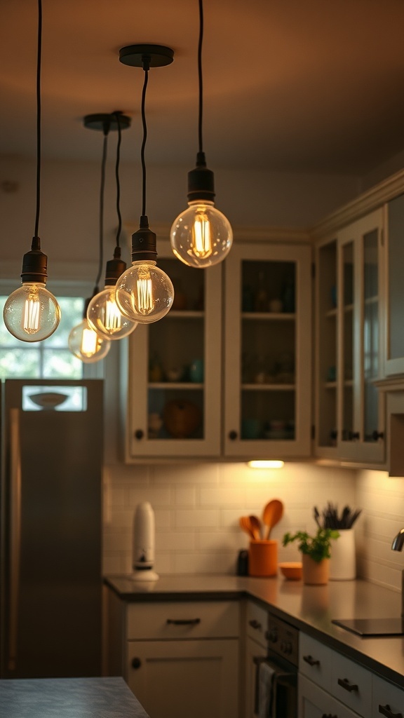 Hanging light fixtures illuminate a kitchen with cabinets and modern decor.