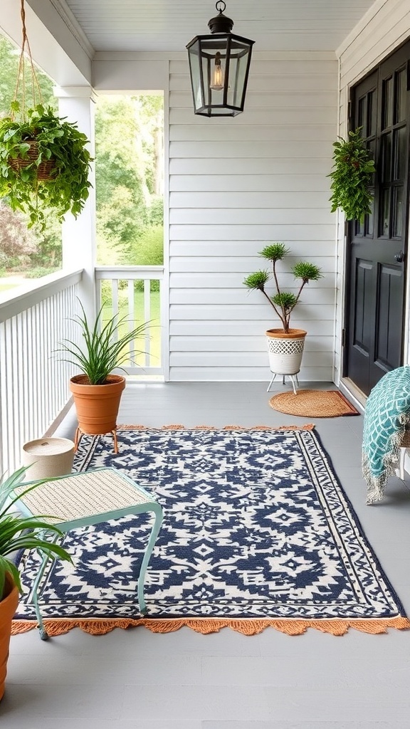 A decorative outdoor rug on a porch with plants and a lantern.