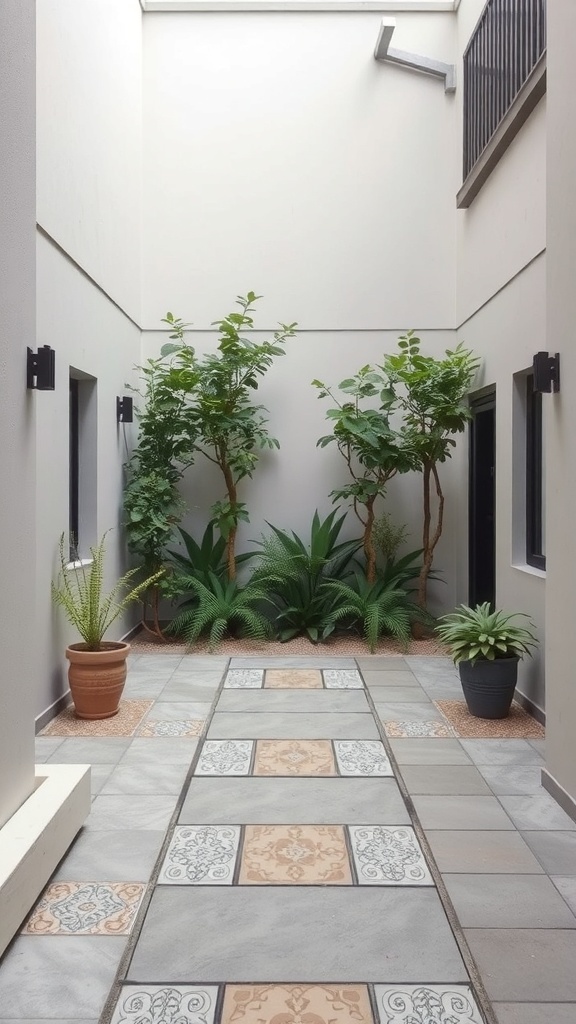 A small courtyard with a decorative pathway lined with plants and wall-mounted lights.