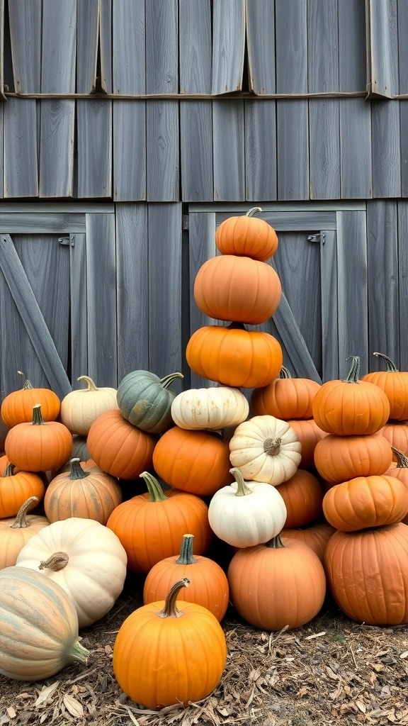 A stack of decorative pumpkins in various colors and sizes against a wooden backdrop.