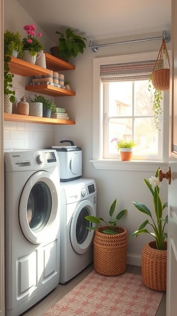 A cozy tiny laundry room with plants, shelves, and a window.
