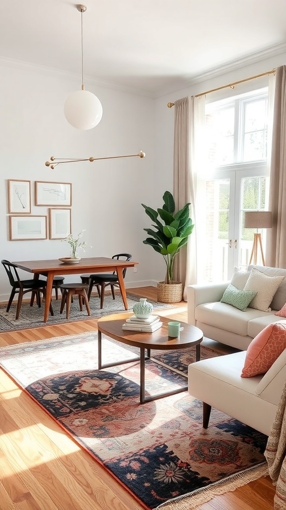 A stylish living room and dining room combo showcasing an area rug that defines the spaces.