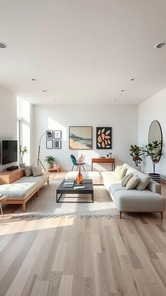 Spacious living room with sectional sofas, a coffee table, and plants.