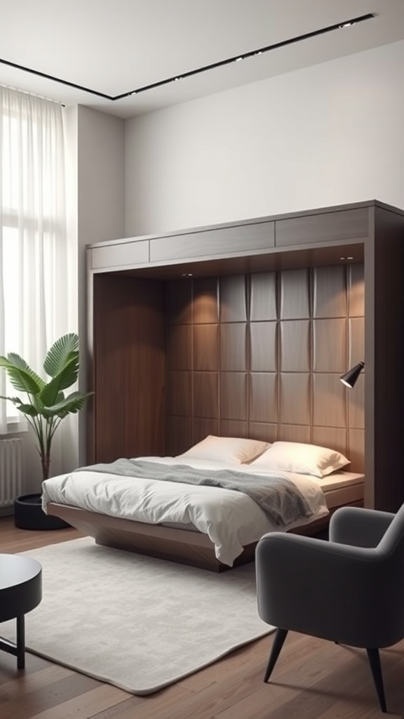 A modern Murphy bed with a wooden finish, integrated into a stylish room with a plant and soft lighting.