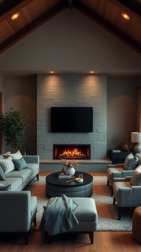 A cozy living room featuring a fireplace and a TV wall, with comfortable seating and warm lighting.