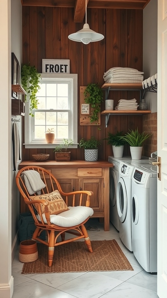 Cozy laundry nook with wooden walls, a comfortable chair, and organized shelves.
