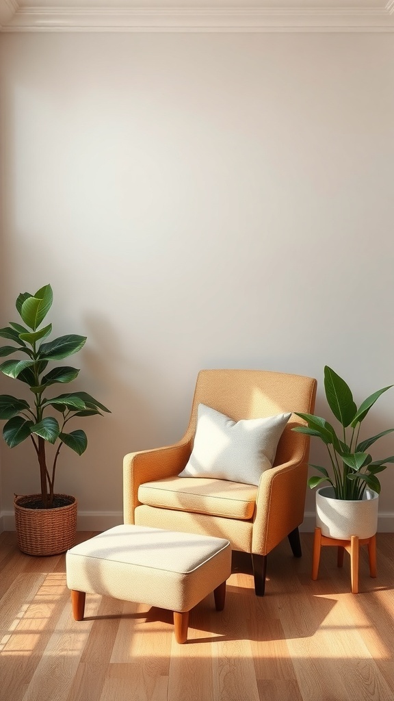 A cozy reading nook with an orange chair, ottoman, and potted plants.