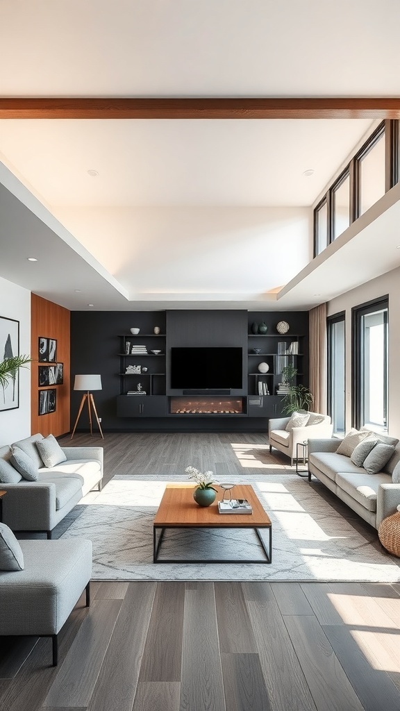 A modern long living room featuring a cozy layout with furniture arranged for open movement.