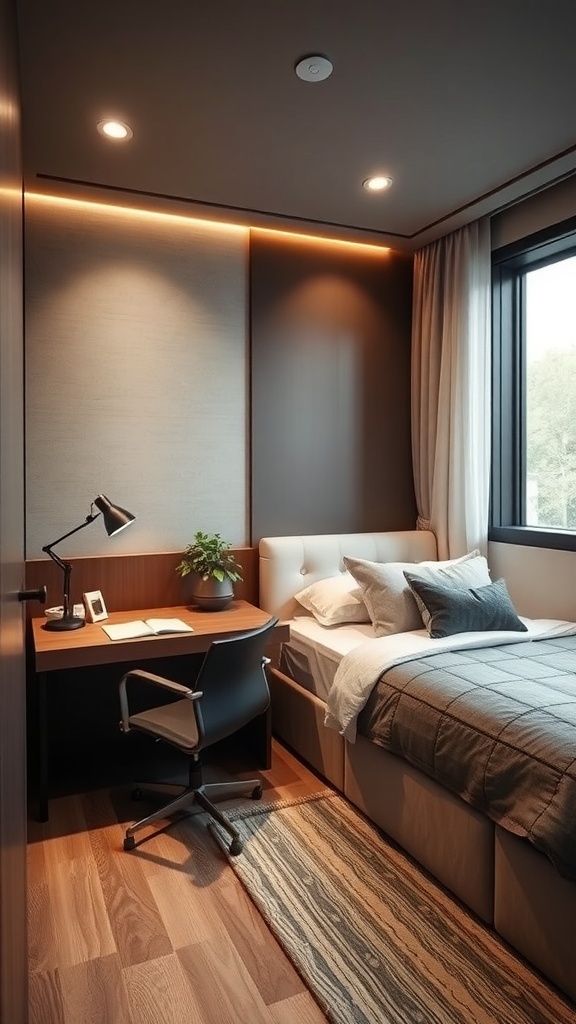 A cozy room with a bed and a desk, designed for multi-functional use as an office and guest room.