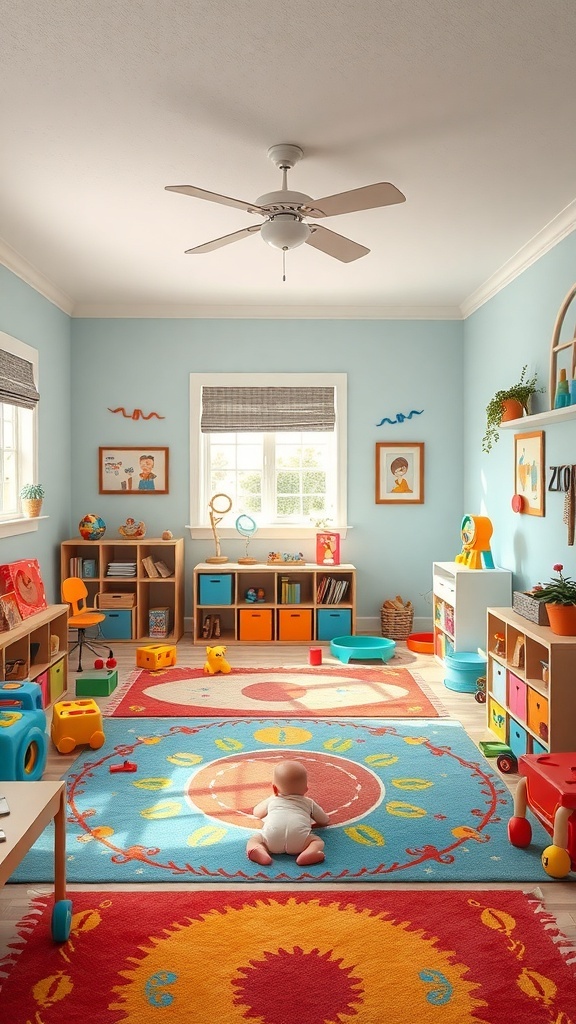 Colorful playroom for kids featuring soft rugs and toy storage.
