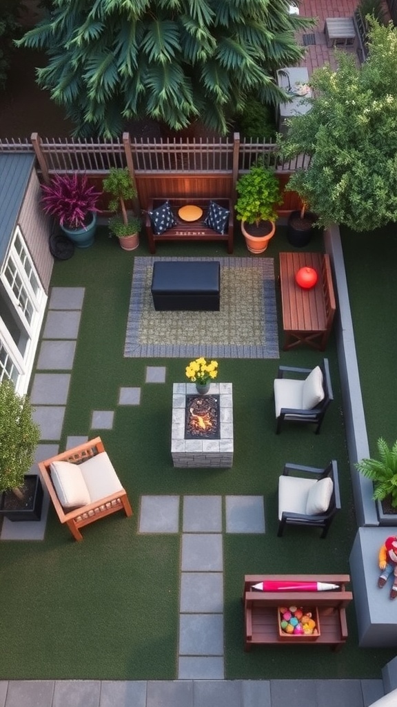 A well-designed backyard with seating, a fire pit, and greenery.