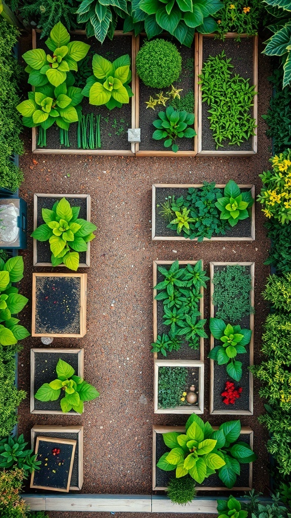 An aerial view of a raised garden bed layout with various plants in wooden boxes.