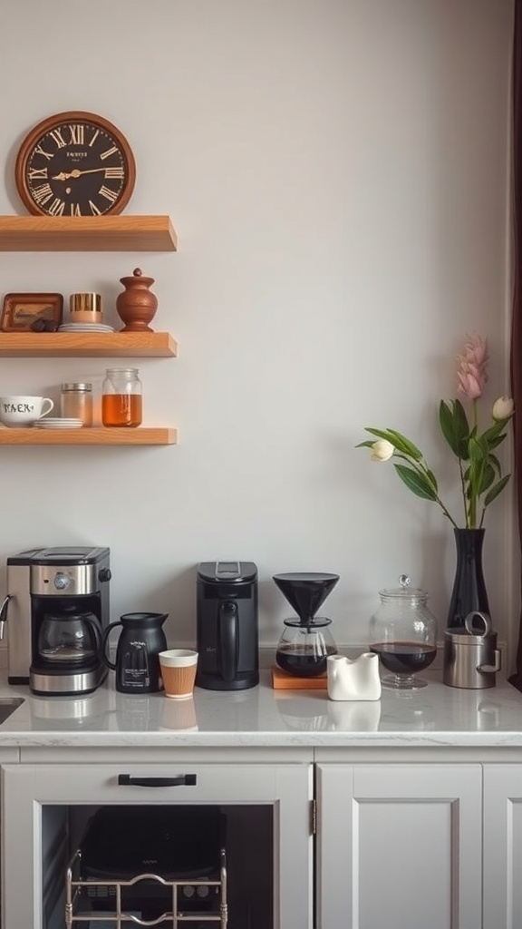 Barra de café en casa con cafetera, molinillo y decoración