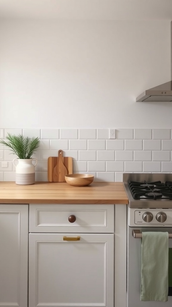 A modern kitchen with a white subway tile backsplash and wooden countertop.