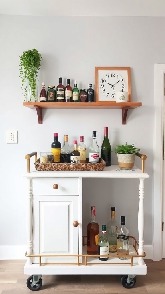 A stylish DIY bar cart made from old furniture, featuring various liquor bottles, decorative plants, and a white finish.
