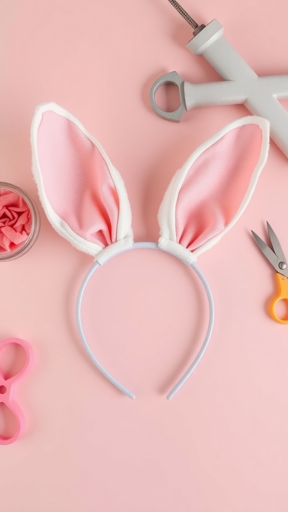 A pair of cute DIY bunny ears headband on a pink background with crafting supplies.