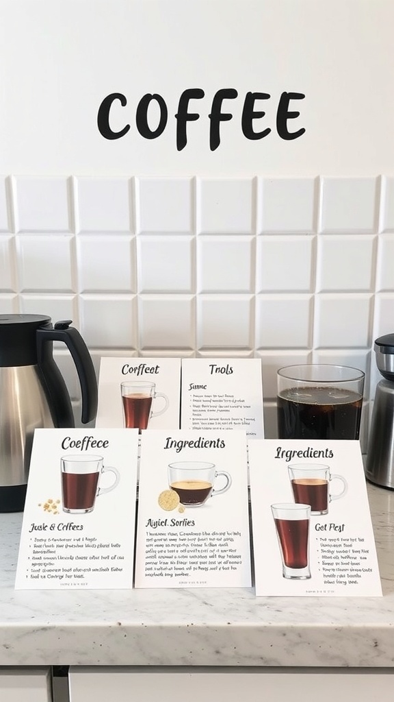 A collection of DIY coffee recipe cards displayed on a countertop with a coffee maker.