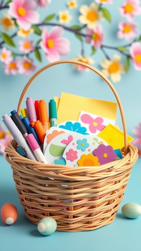 A decorated basket filled with craft supplies for kids, including colorful markers, stickers, and papers, surrounded by Easter eggs.