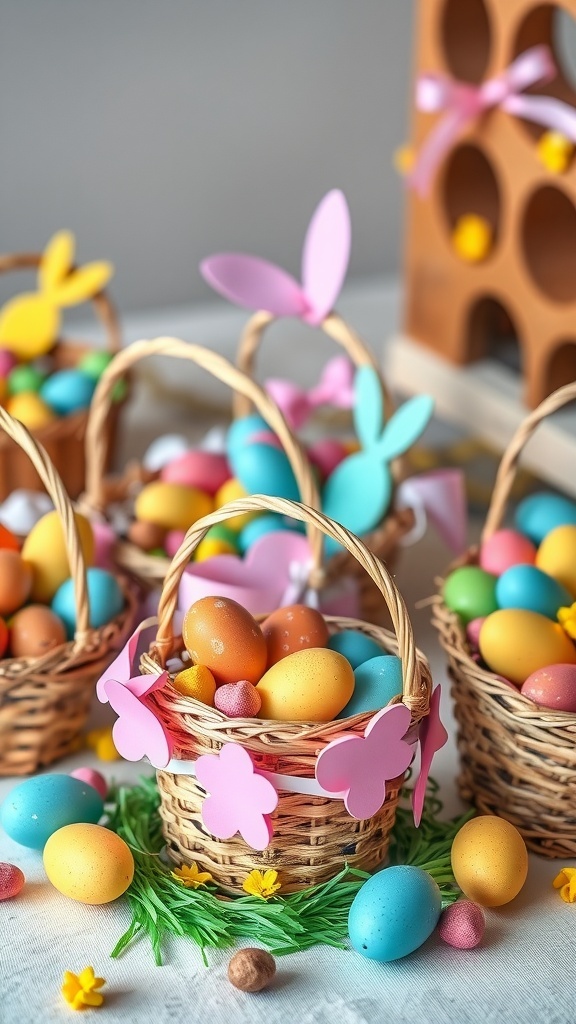 A collection of DIY Easter baskets filled with colorful eggs and decorated with bunny ears.