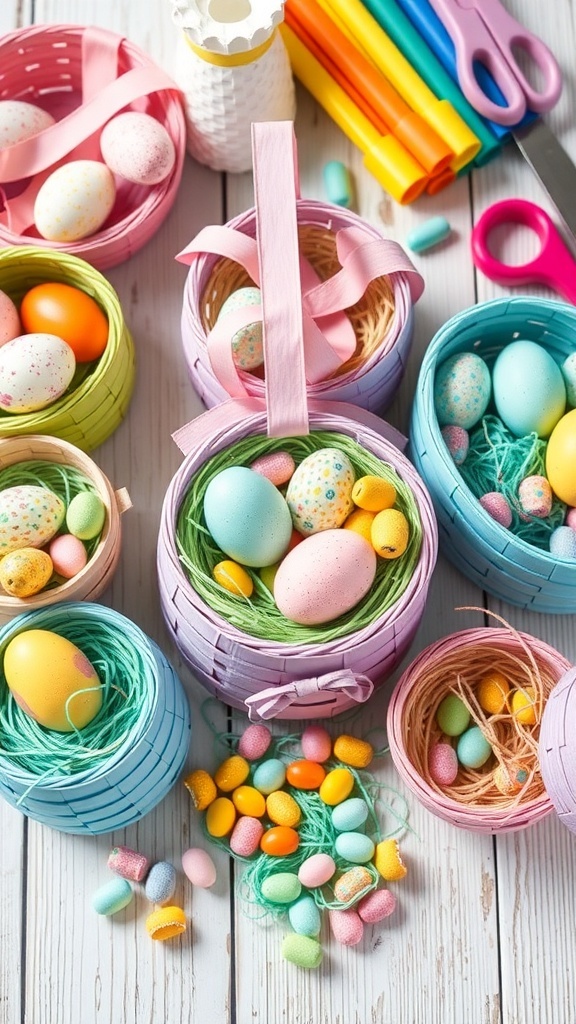 A variety of colorful homemade Easter baskets filled with eggs and candy.