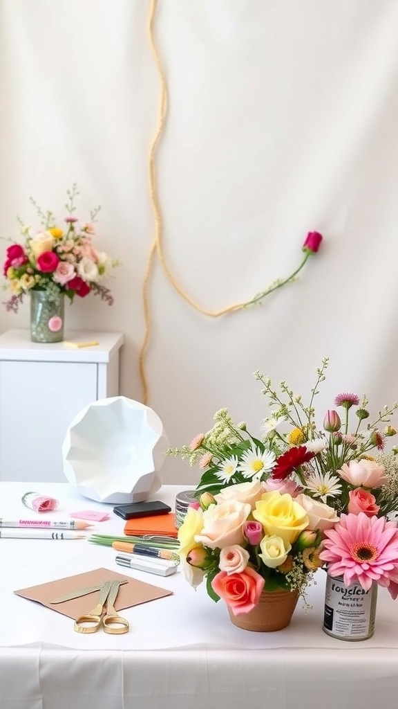 A DIY flower crown station with colorful flowers, scissors, and crafting supplies on a table.