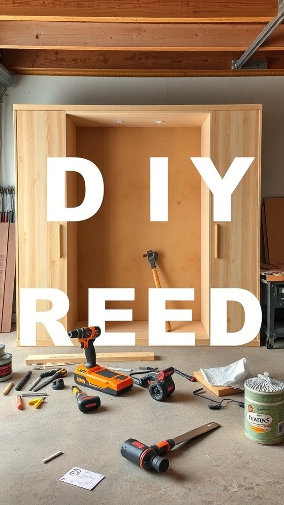 A workspace with tools and materials for building a DIY Murphy bed.