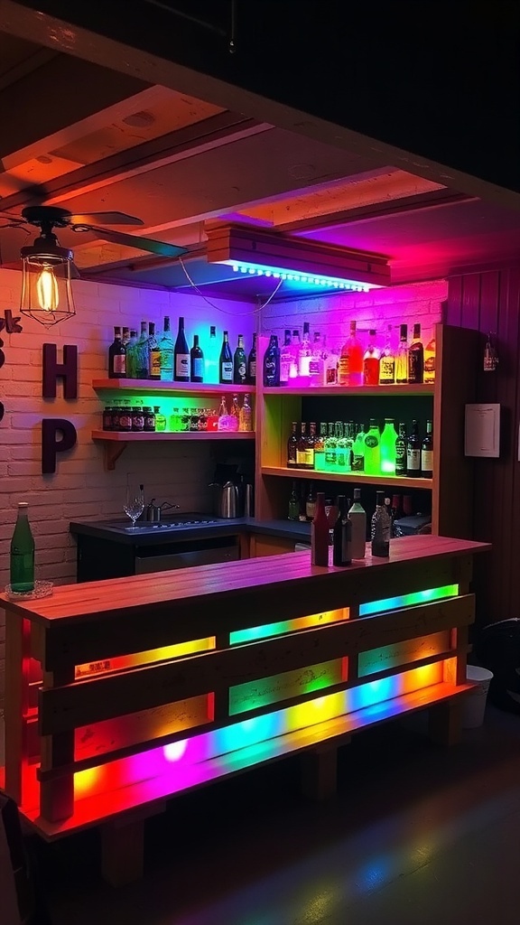 A DIY pallet bar setup featuring colorful LED lights and an array of bottles.