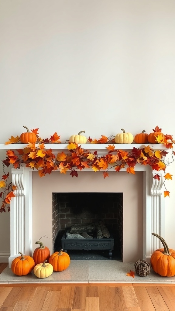 A beautifully decorated mantel with pumpkins and autumn leaves.