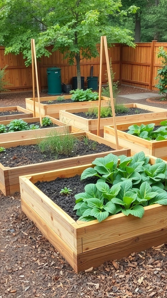 Image of DIY raised garden beds filled with green plants in a backyard setting.