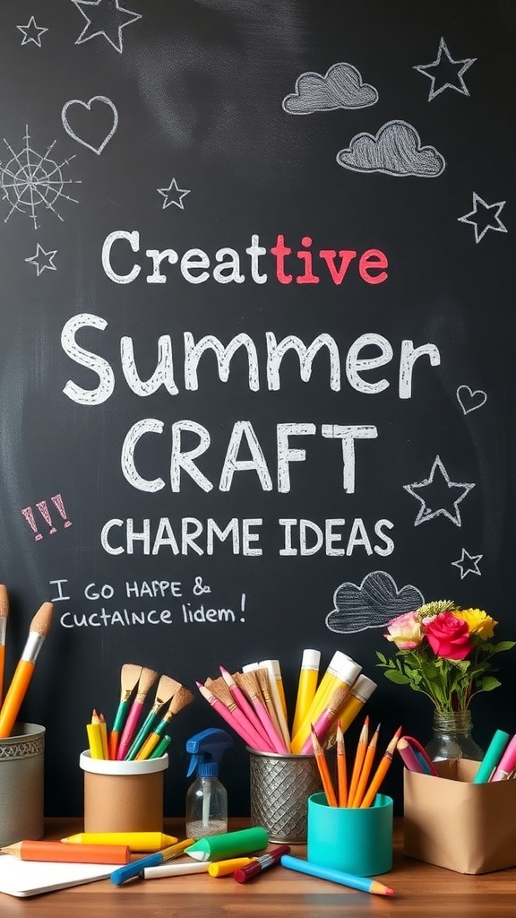 Chalkboard with creative summer craft ideas and colorful art supplies