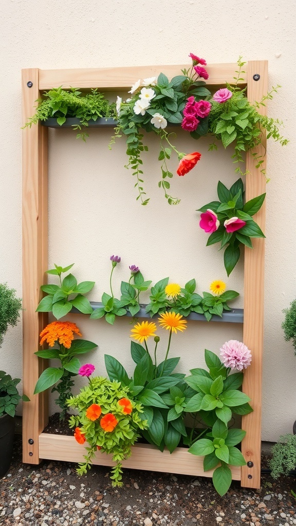 A DIY vertical garden frame with colorful flowers and greenery arranged in a wooden structure.