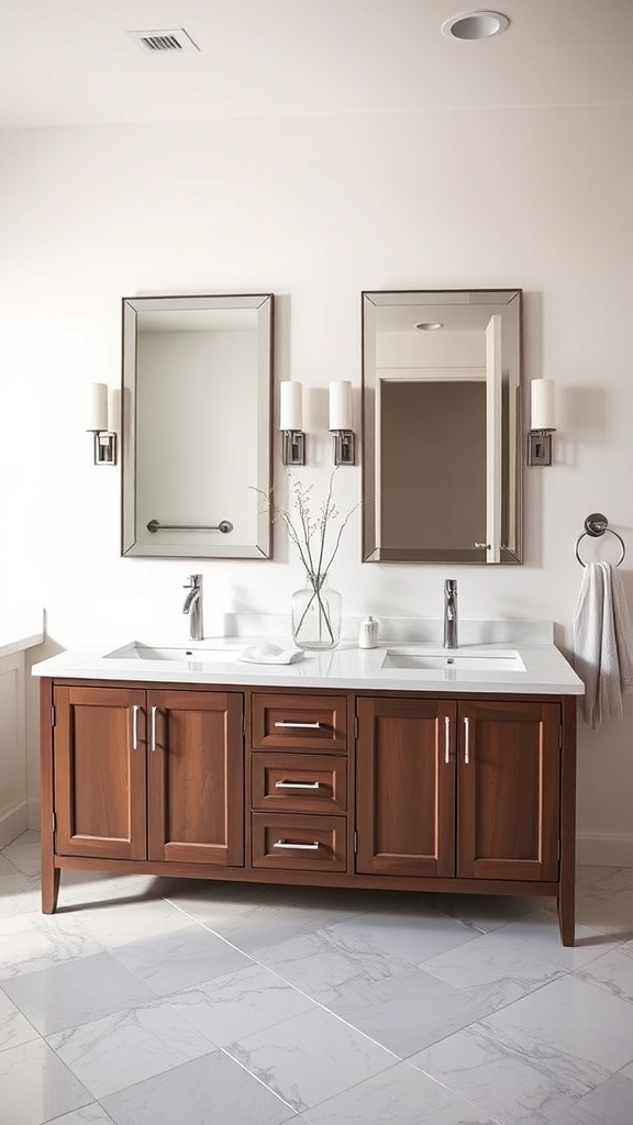 A modern bathroom with a double sink vanity, featuring a wooden cabinet and white countertop.