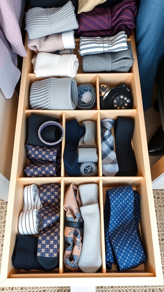 Organized drawer with dividers holding ties, socks, and a watch.
