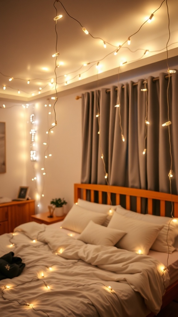 A cozy bedroom with string lights hung above the bed, creating a warm and inviting ambiance.