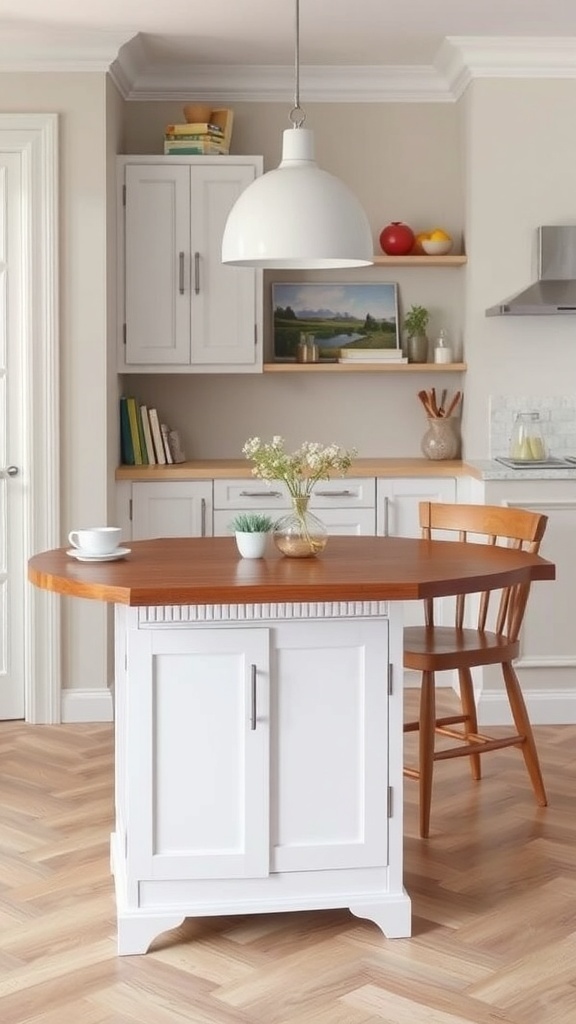 A small kitchen island with a drop-leaf design, featuring a wooden top and white cabinetry.