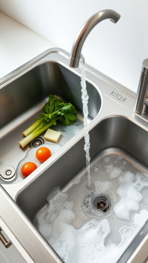 A dual-basin kitchen sink with fresh vegetables and soapy water.