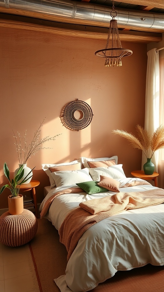 A warm bedroom with earthy color palettes featuring terracotta walls, soft bedding, and natural decor.