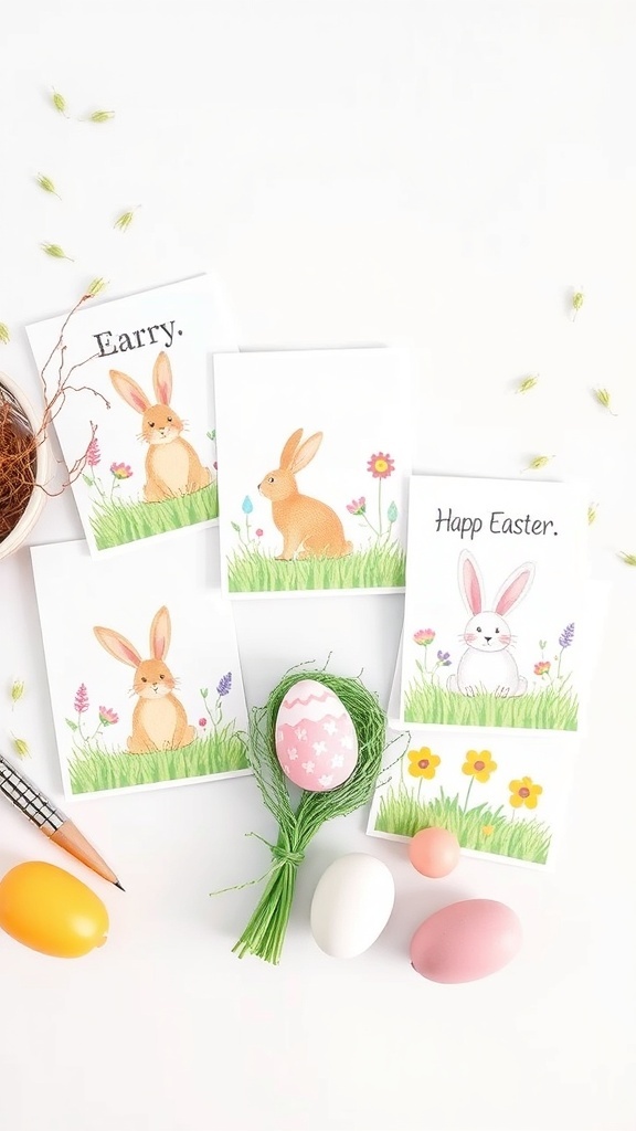 A collection of Easter-themed greeting cards featuring bunnies and flowers, along with colorful eggs.