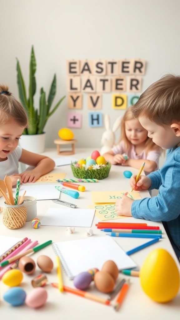 Kids making Easter cards with colorful supplies at a craft station.