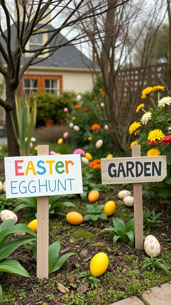 Colorful signs for an Easter egg hunt in a garden