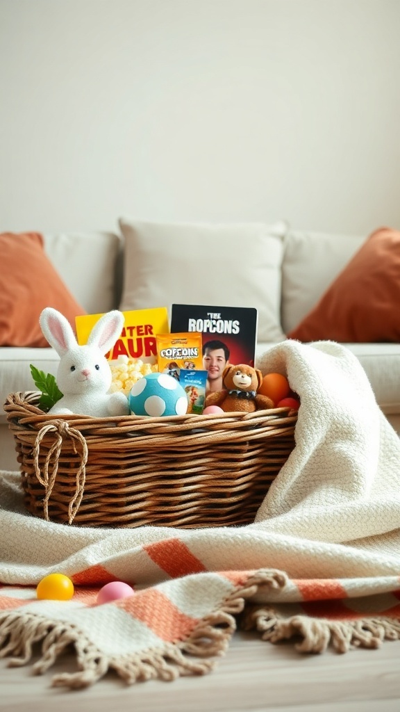 A wicker basket filled with popcorn, candy, a DVD, a bunny plush toy, and colorful eggs, set on a cozy blanket.