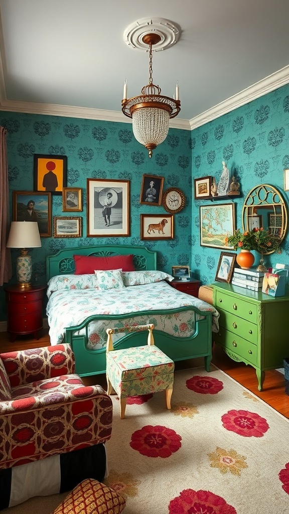 A whimsical bedroom featuring an eclectic mix of colorful furniture and framed art on the walls.